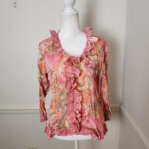 Vtg Y2K Jaipur Shirt Sz Small Womens Crinkle Pink Coquette Fairy Top Ribbon Boho